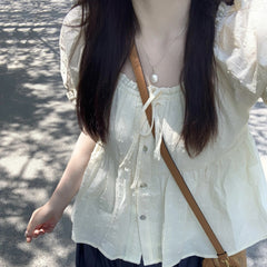 Lace Trim Round Neck Puff Short Sleeve Blouse - fairypeony