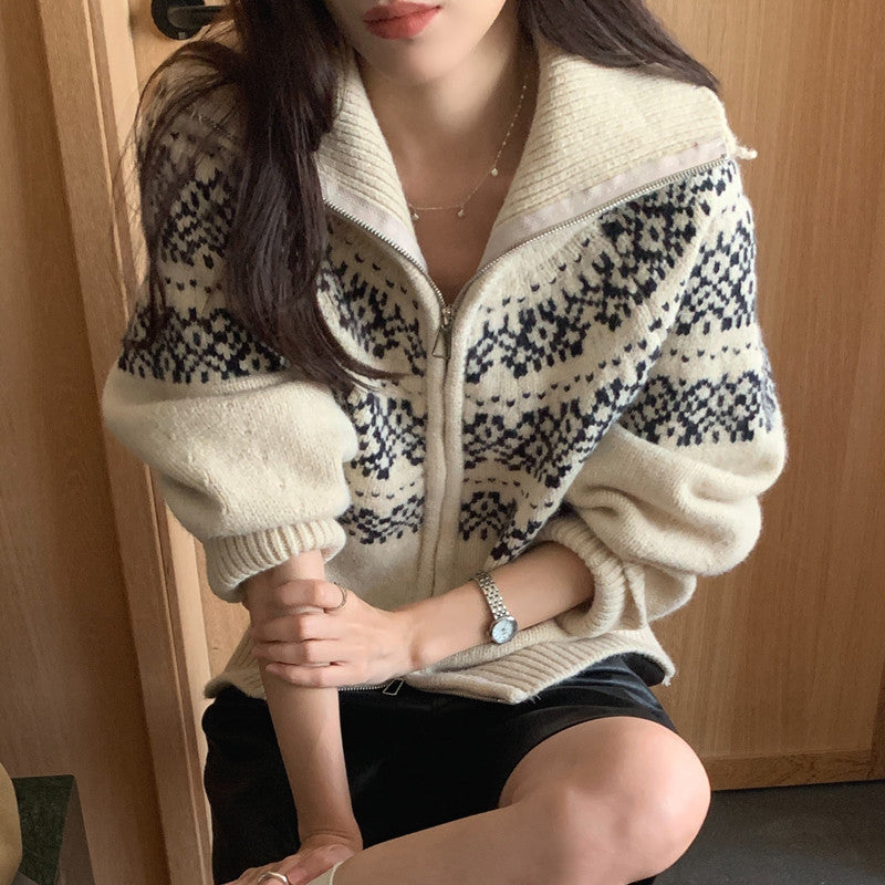 Jacquard Print Oversized Zip Up Cardigan - fairypeony