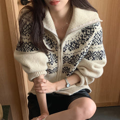 Jacquard Print Oversized Zip Up Cardigan - fairypeony