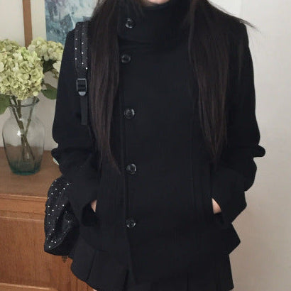 Black Woolen Coat – Slim Fit Faux Fur Collar Asymmetric Feifei Sleeve Coat