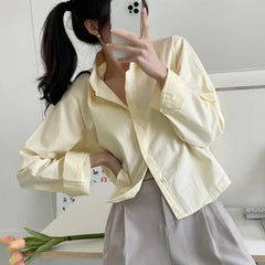 Solid Color Oversized Long Sleeve Crop Blouse