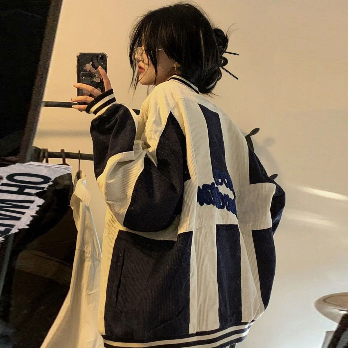 Color Block Zip Up Corduroy Bomber Jacket - fairypeony