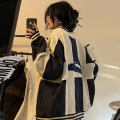 Color Block Zip Up Corduroy Bomber Jacket - fairypeony