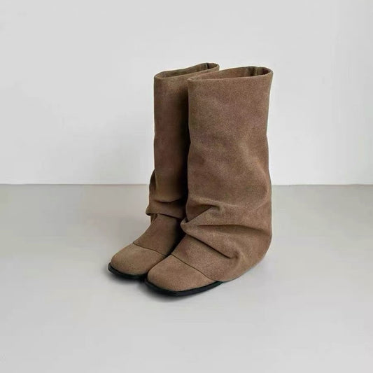 Cowhide Knight Boots with Rivet Details – Slim Mid-Calf Korean Leather Boots
