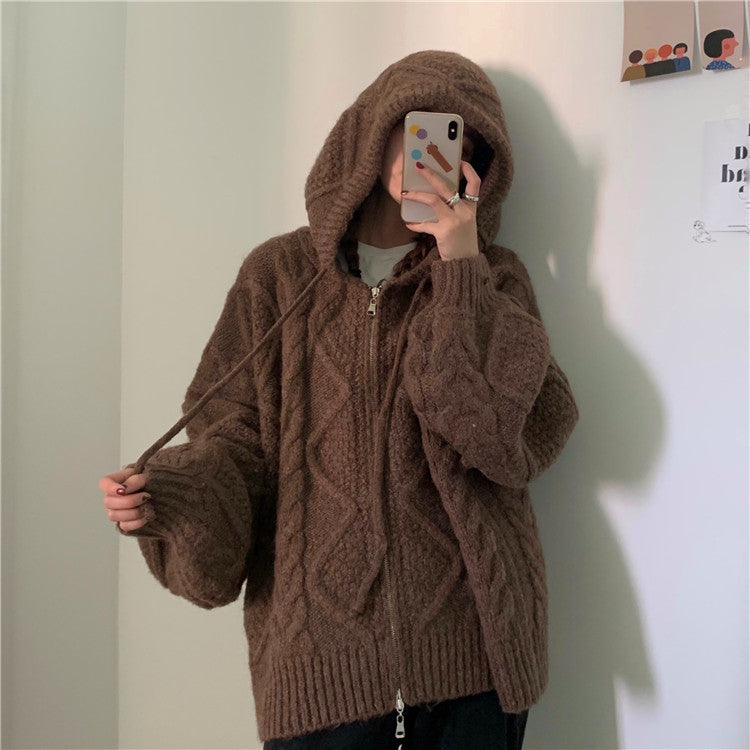 Cable Knit Zip Up Hooded Cardigan - fairypeony