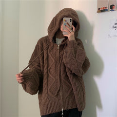 Cable Knit Zip Up Hooded Cardigan - fairypeony