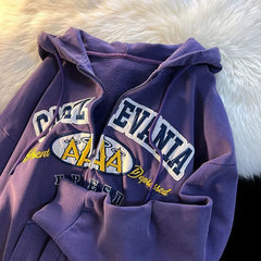 Vintage Letter Embroidery Zip Up Hoodie - fairypeony