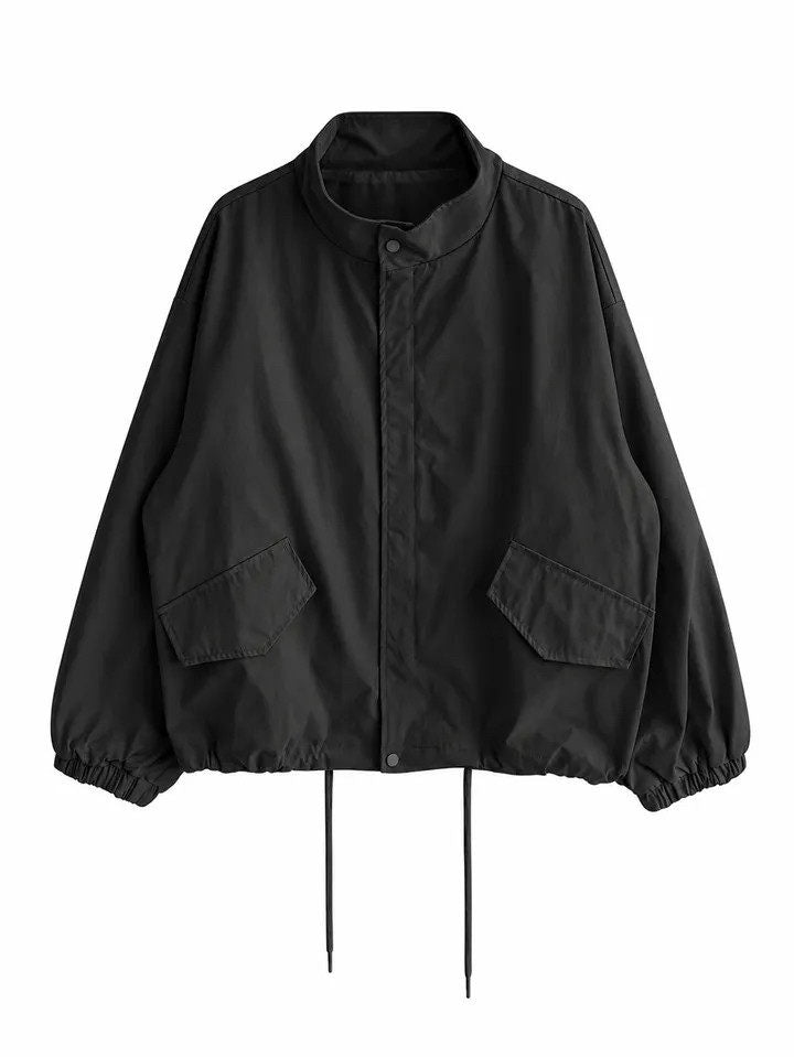 Retro stand collar oversized short trench jacket in black, product shot