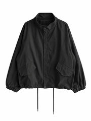 Retro stand collar oversized short trench jacket in black, product shot
