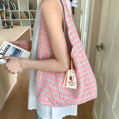 Double-Sided Plaid Canvas Tote Bag