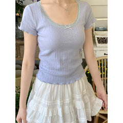 Lace Trim Floral Short Sleeve Tee