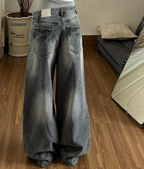 Vintage washed double-waistband wide-leg jeans in grey, back pockets
