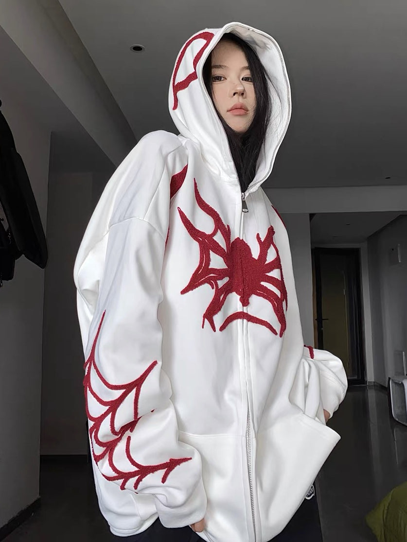Embroidery Punk Spider Zip Up Hoodie - fairypeony