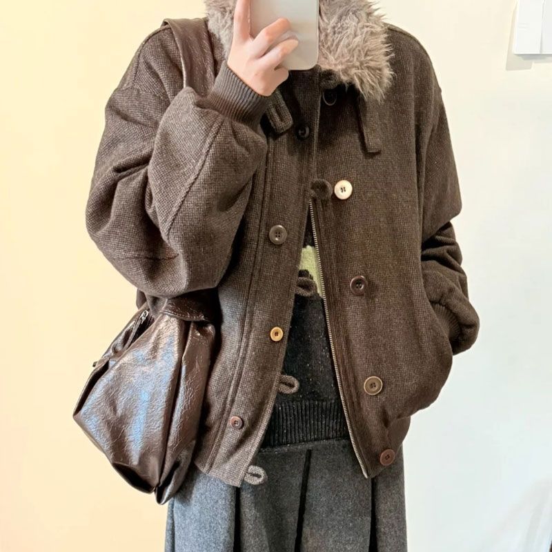 Retro Cotton-Padded Jacket – Fleece-Lined Faux Fur Collar Winter Coat