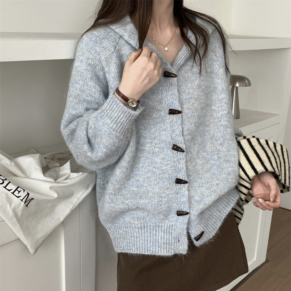 Soft Loose Hooded Cardigan Women Long Sleeve Horn Button Knit Sweater Coat