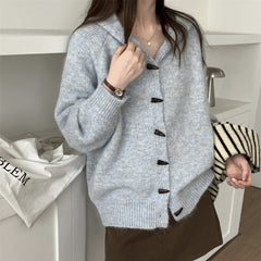 Soft Loose Hooded Cardigan Women Long Sleeve Horn Button Knit Sweater Coat