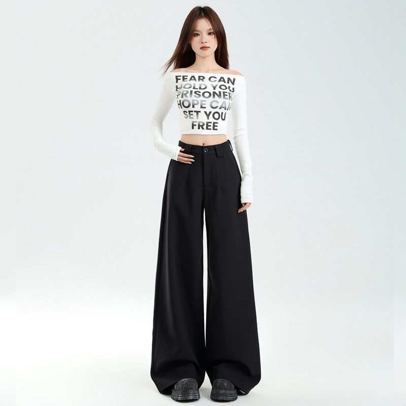Black Wide-Leg Suit Pants Mid-High Waist Loose Casual Trousers