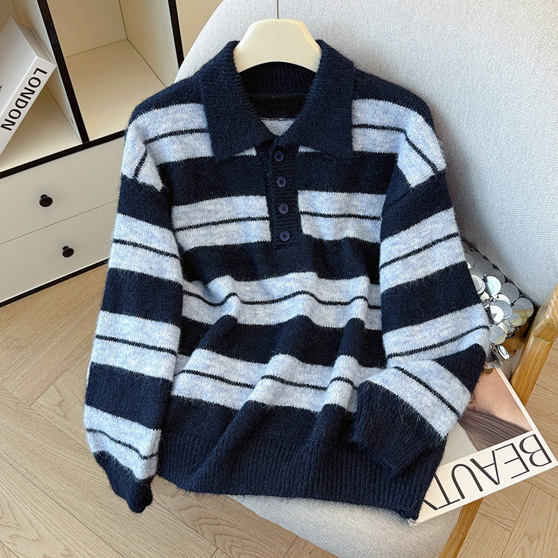Vintage Polo Collar Striped Sweater