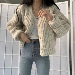 V-Neck Cable Knit Button Long Sleeve Cardigan