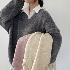 Solid Color V-Neck Oversized Sweater