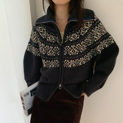 Jacquard Print Oversized Zip Up Cardigan - fairypeony