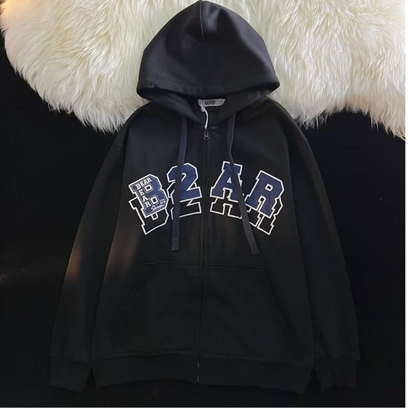 Letter Embroidery Zip Up Oversized Hoodie - fairypeony