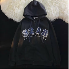 Letter Embroidery Zip Up Oversized Hoodie - fairypeony