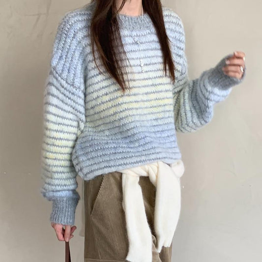 Vintage Round Neck Stripped Fuzzy Sweater
