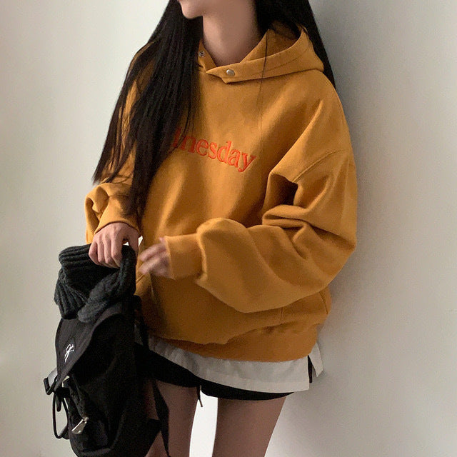 Vintage Embroidery Letter Solid Color Hoodie - fairypeony