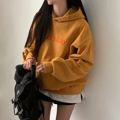 Vintage Embroidery Letter Solid Color Hoodie - fairypeony