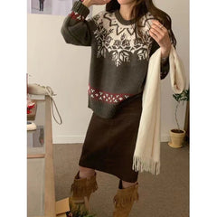 Round Neck Vintage Print Pullover Sweater