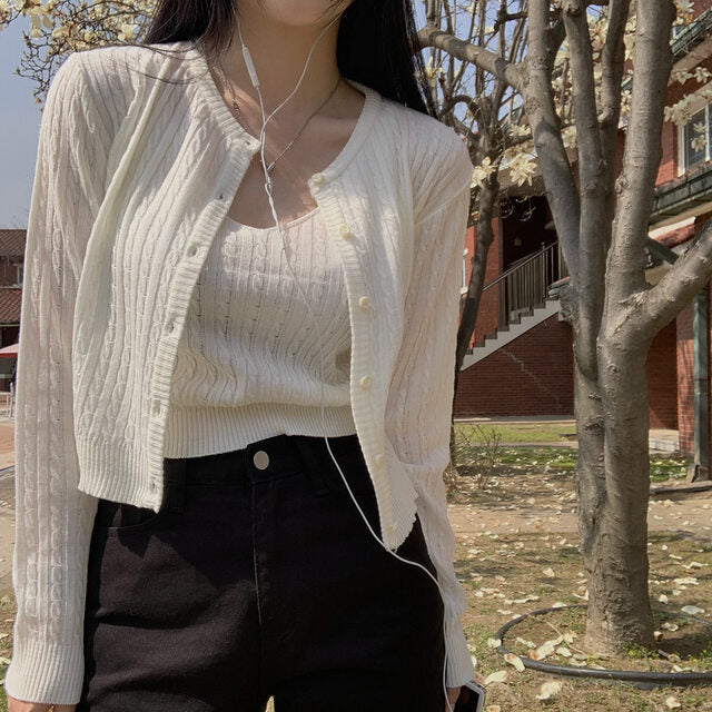 Aesthetic Knitted Cable Knit Cardigan Set - fairypeony