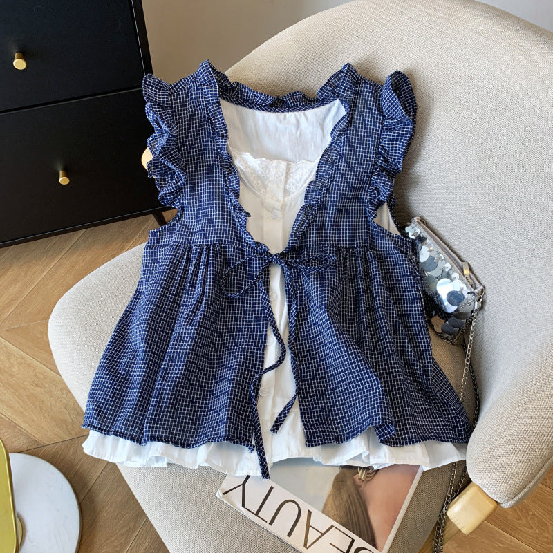 Aesthetic Ruffled V-Neck Fake Two Piece Blouse - fairypeony
