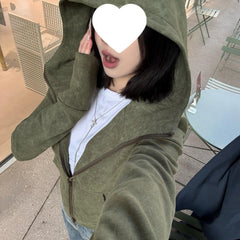 Retro Green Hooded Zip-Up Sweatshirt