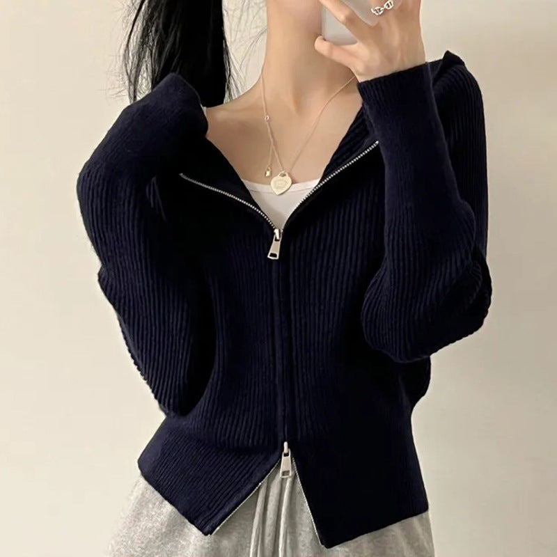 Vintage Knitted Hooded Zip Up Cardigan