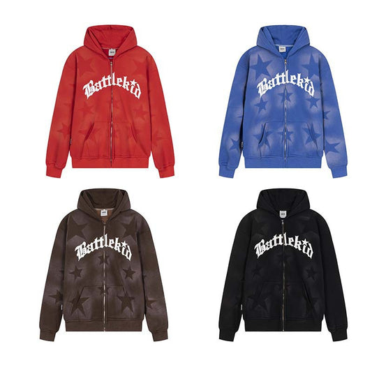 Oversized Star Print Zip Up Hoodie - fairypeony