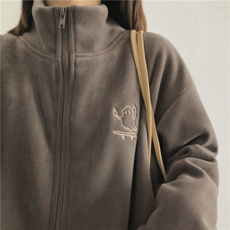 Embroidery Zip Up Fleece Jacket - fairypeony