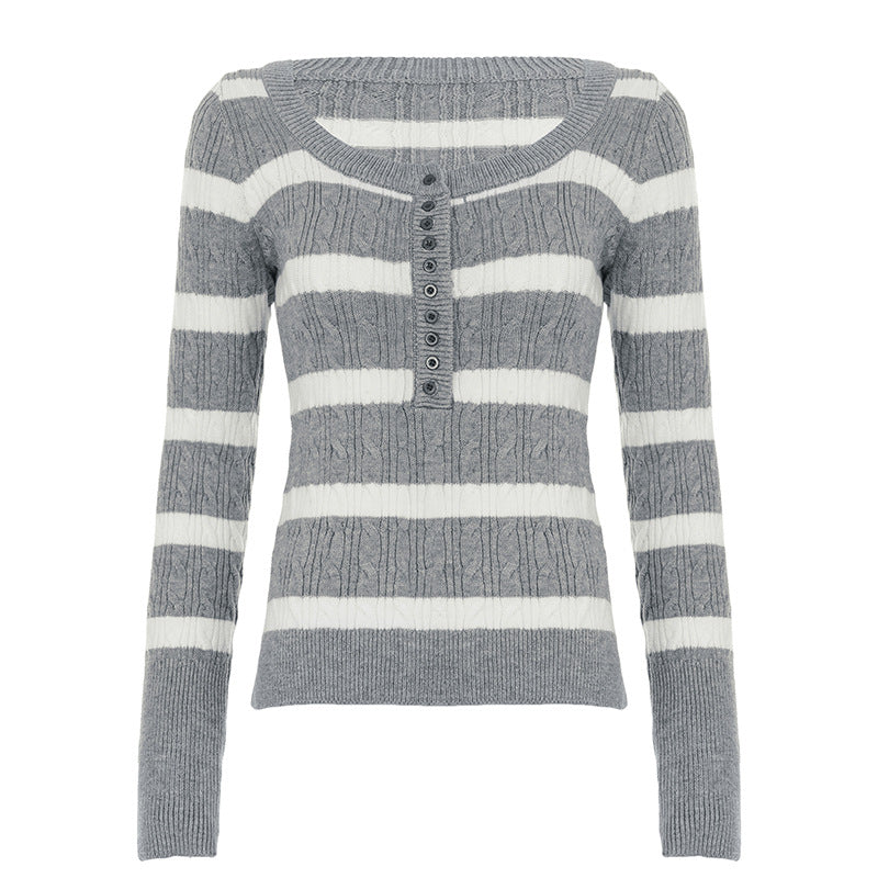 2000s Striped Cable-Knit Henley Sweater – Grey S–L