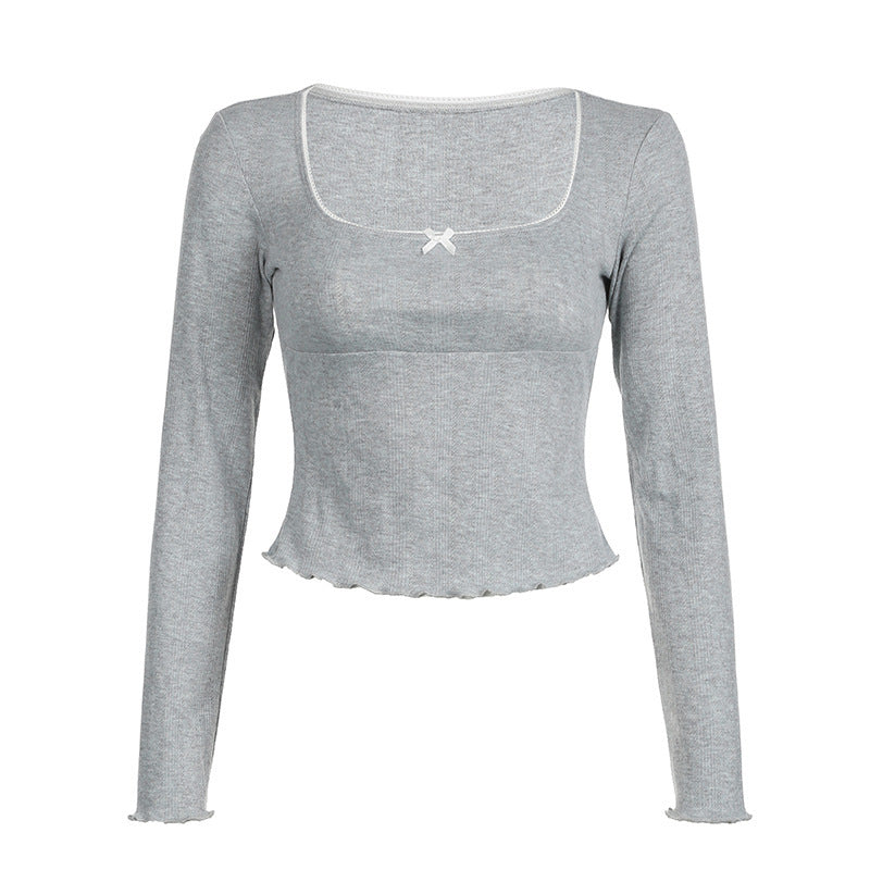 Square Collar Bow Knit Long Sleeve Tee