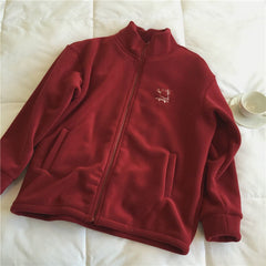 Embroidery Zip Up Fleece Jacket - fairypeony