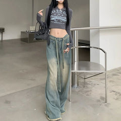 Tie Strap Seam Detail Vintage Washed Jeans - fairypeony