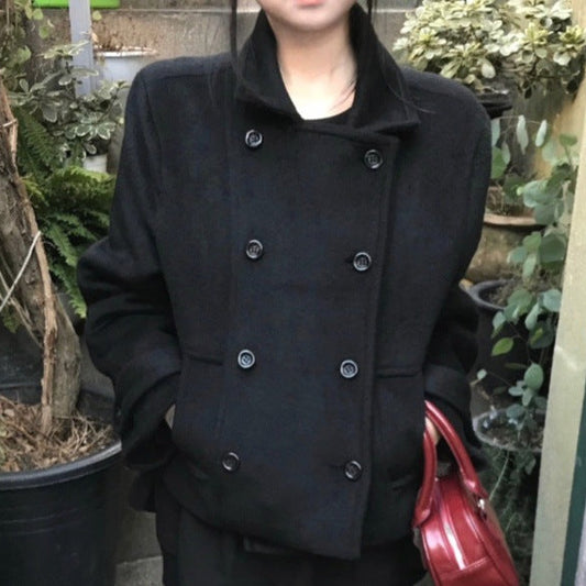 Korean Retro Double-Breasted Wool Short Coat – Preppy Horn Sleeve Padded Coat