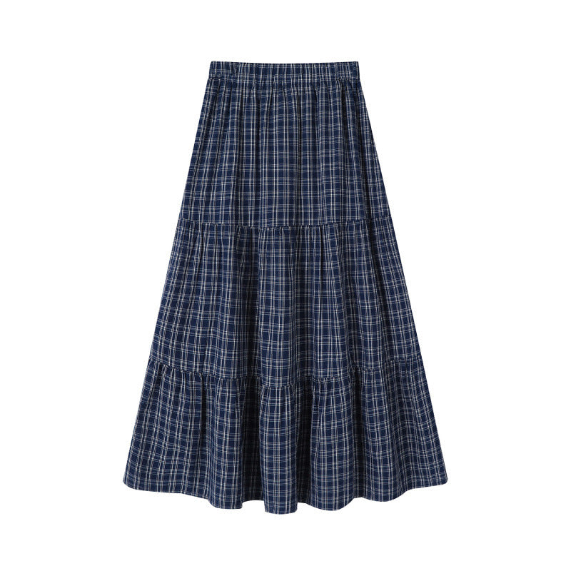 Elastic waist patchwork plaid midi skirt for women - fairypeony