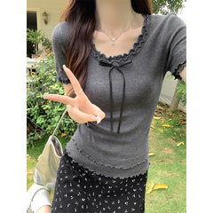 Double-layer Bow Patchwork Short sleeve Tee