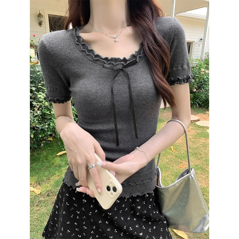 Double-layer Bow Patchwork Short sleeve Tee