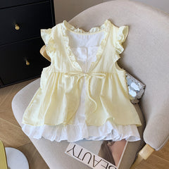 Aesthetic Ruffled V-Neck Fake Two Piece Blouse - fairypeony