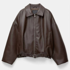 Womens Vintage Faux Leather Jacket with Belt