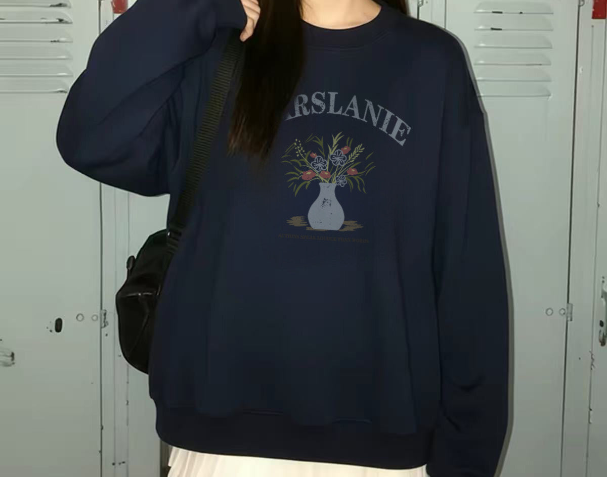 Cotton crew neck sweatshirt in navy blue, sleeve detail