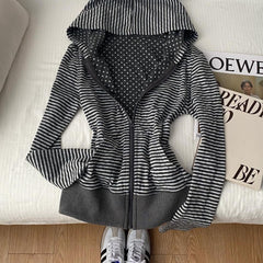 2000s Striped Zip-Up Hooded Jacket – Polka Dot Lined Hoodie in Dark Gray S–3XL
