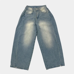 Retro washed wide-leg buttoned hem jeans in light blue, product shot